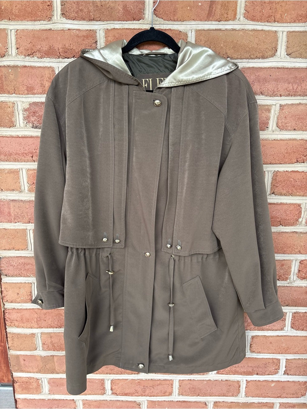 Taupe Hooded Women’s Jacket with Drawstring Waist. Fleet Street